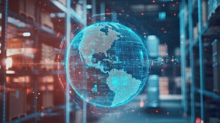 Abstract digital logistics, delivery and transportation hologram with globe and network on blurry warehouse background. Double exposure