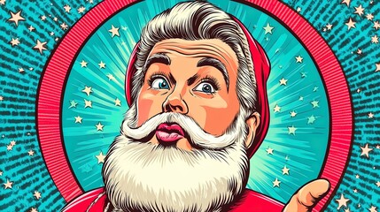 Classic Retro Santa Portrait: Festive Red Hat & White Beard in Circular Frame - Perfect for Holiday Home Décor or Sports Room Posters with a Touch of Teal Starry Charm!