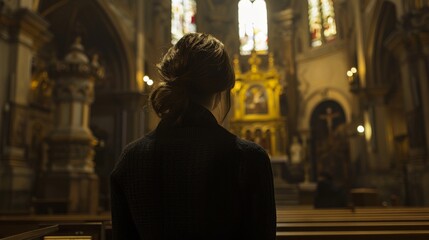 Obraz premium Contemplative woman in church a devout moment of solitude and reflection in a sacred space
