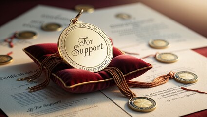 Social benefits concept showcasing a medal labeled 'For Support' on a velvet cushion surrounded by certificates 