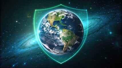 Earth protected by a glowing shield in space