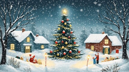 Fototapeta premium A whimsical winter wonderland featuring a beautifully decorated Christmas tree in a snowy village at dusk