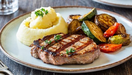 Grilled Steak with Roasted Vegetables and Mashed Potatoes on a Plate