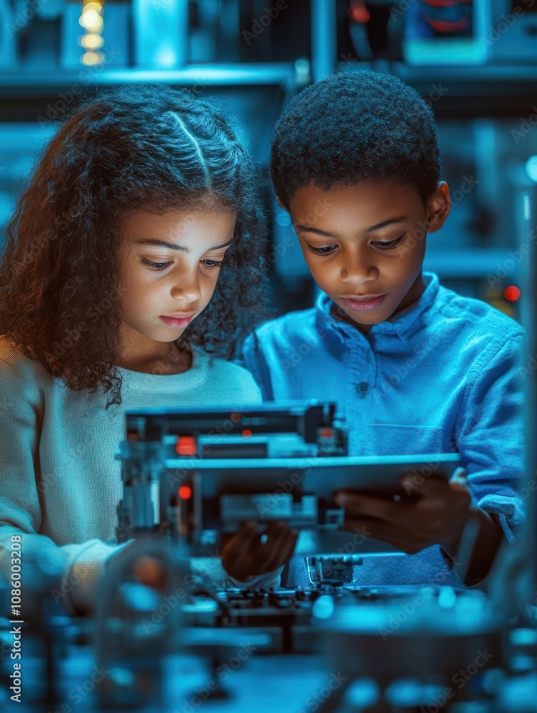 Poster afro american girl and asian boy schoolkids using tablet device developing program for software robo