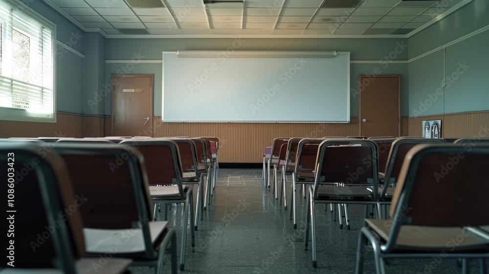 Poster a modern classroom setup with rows of chairs and a projector screen for educational purposes