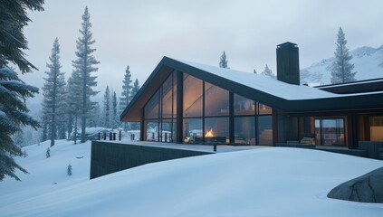 Fototapeta premium Modern Cabin in the Woods with Large Glass Windows Surrounded by Snow-Covered Trees and a Cozy Fireplace Inside
