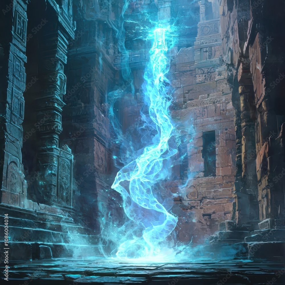 Poster ethereal energy swirling in ancient temple ruins with intricate stone carvings surrounded by mystica