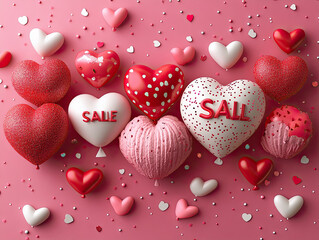 Obraz premium Eye-catching promotional email banners with bold designs including heart-shaped balloons, sale graphics, and confetti in shades of red, pink, and white