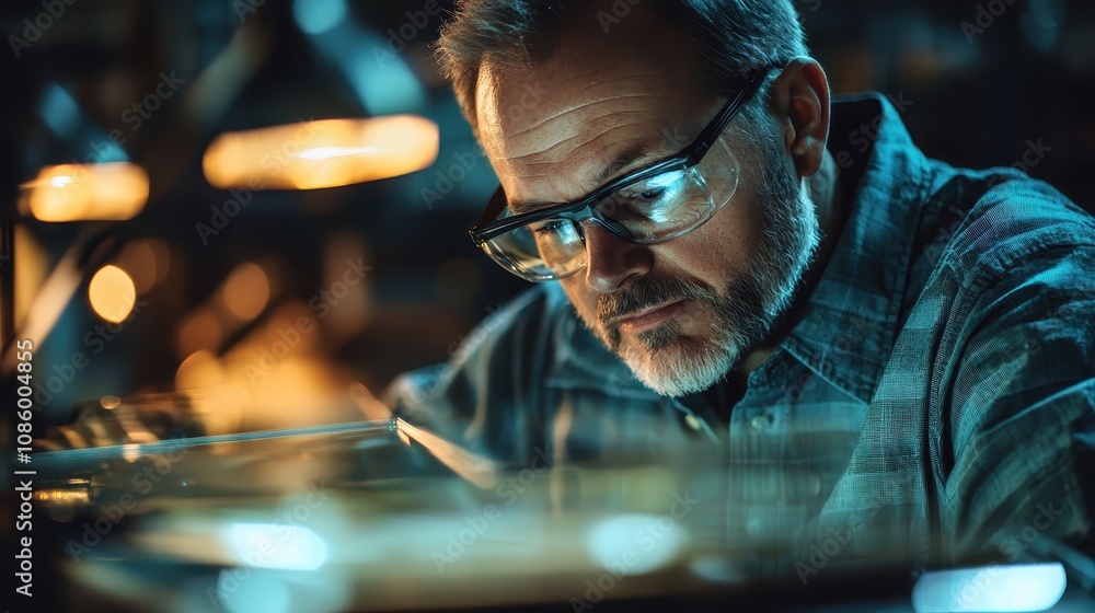 Poster craftsman engaged in precision work beneath warm light, showcasing focus and dedication in a worksho