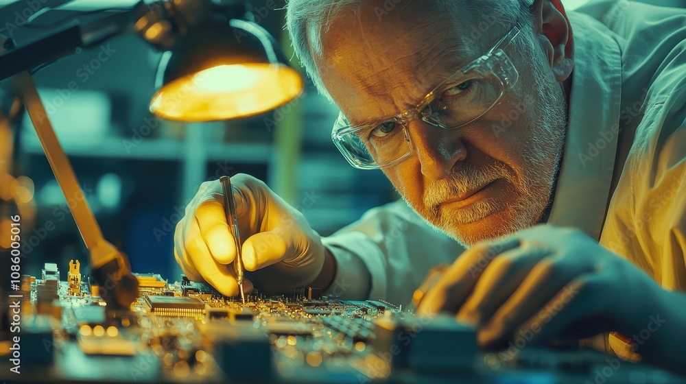 Poster experienced technician working on a computer circuit board in a dimly lit workshop, focused on intri