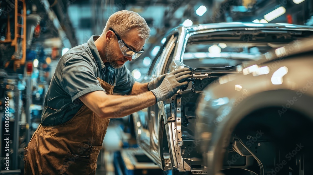 Poster skilled worker in automotive factory performing precision assembly task on car frame with tools in m