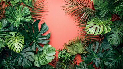 A vibrant arrangement of tropical leaves against a coral background.