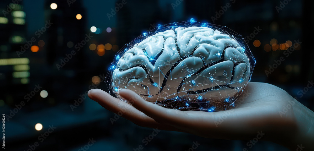 Aufkleber human hand holding ai brain with neural network for machine learning and technology