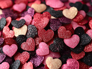 Festive digital confetti backgrounds with bright and colorful heart-shaped confetti in shades of red, pink, and white to enhance digital content