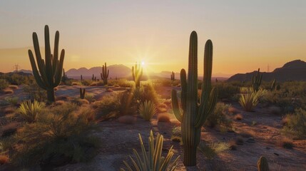 Majestic southwest desert cactus landscape at sunset showcasing vibrant summer wilderness beauty