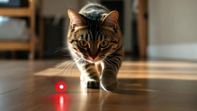 Cat Chasing Laser Pointer: A captivating image of a curious tabby cat intently stalking a red laser pointer dot across a polished hardwood floor.