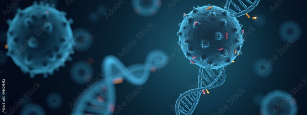 Poster the image shows two spheres, one larger and one smaller, connected by a dna strand. the larger spher