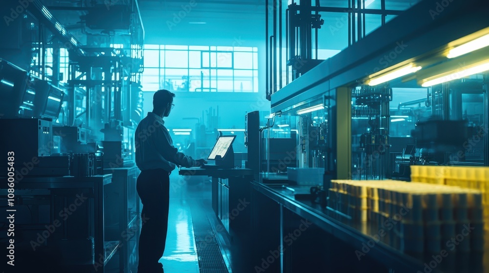 Poster inside a high-tech factory with industrial equipment and a worker interacting with advanced technolo