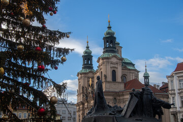 Christmas tree in front of the St. Nicholas Church in the Old Town Square in Prague