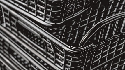 A collection of wicker baskets stacked on top of each other, in monochrome tones