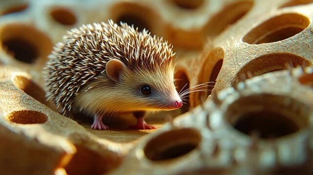 Curious Hedgehog: A tiny hedgehog with a curious gaze peeks out from a honeycomb-like structure, capturing the essence of small wonder and natural beauty. 