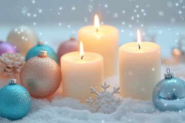 Candles placed on snowy terrain, ideal for winter scenes or festive decorations