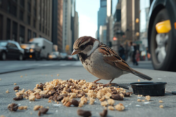 Fototapeta premium A sparrow feeding on scattered breadcrumbs in urban plaza.