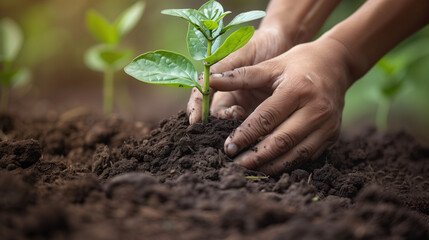 Manos plantando un brote en tierra f&eacute;rtil