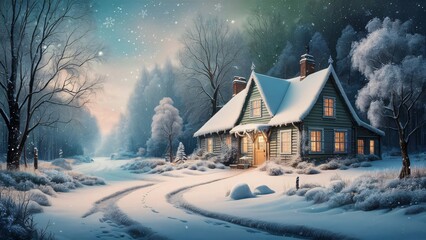 Fototapeta premium Winter wonderland, snow-covered cottage, cozy cabin, winter scene, snowfall, forest, woodland, evening light, warm glow, windows, chimney smoke, rustic house, winter landscape, snowy path, frozen stre