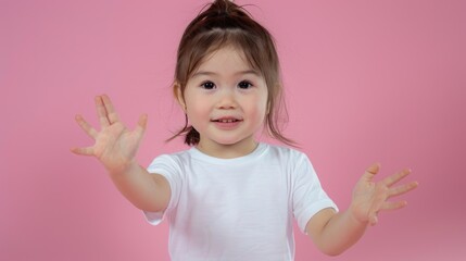 Young girl with raised palms, possibly seeking attention or help