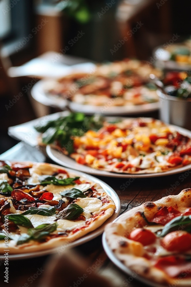 Poster a table filled with multiple pizzas featuring different toppings