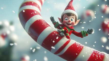 A cheerful elf sliding down a candy cane as snowflakes fall gently around them.
