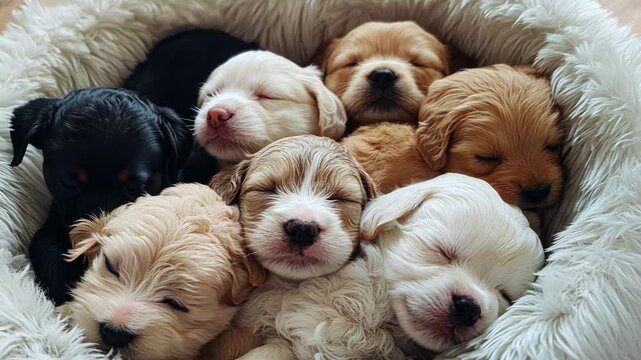 A Bundle of Cuteness: A heartwarming image of adorable puppies snuggled together in a cozy bed, their eyes closed in peaceful slumber.