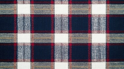 A close-up view of a textured plaid fabric featuring red, white, and navy blue squares, showcasing a classic and warm design suitable for various applications.