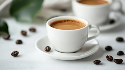 Hot espresso and coffee beans on a white table, with soft-focus and over light in the background