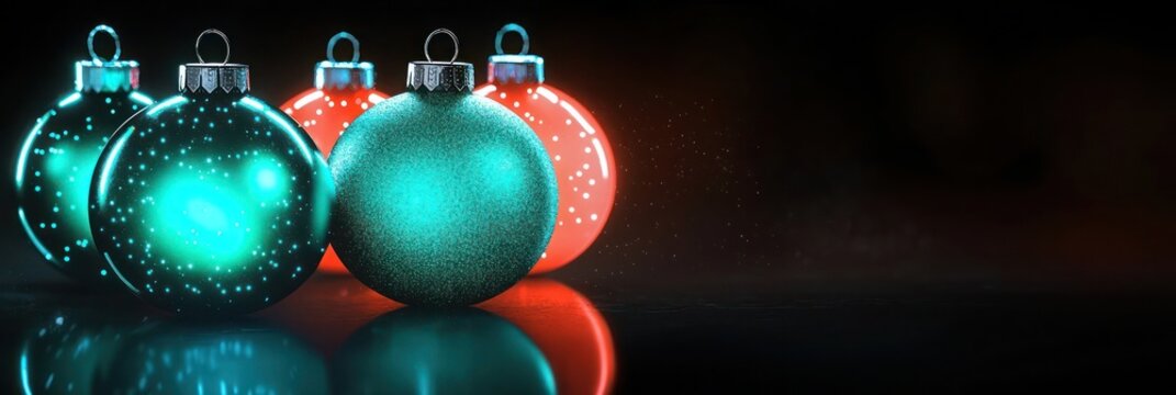 Christmas ornaments glowing with a neon turquoise and neon coral gradient, set against a black background with a halo effect