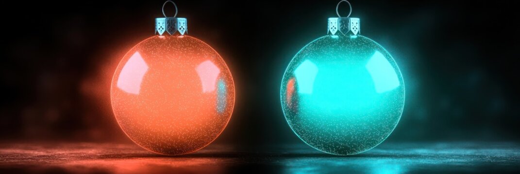 Christmas ornaments glowing with a neon turquoise and neon coral gradient, set against a black background with a halo effect