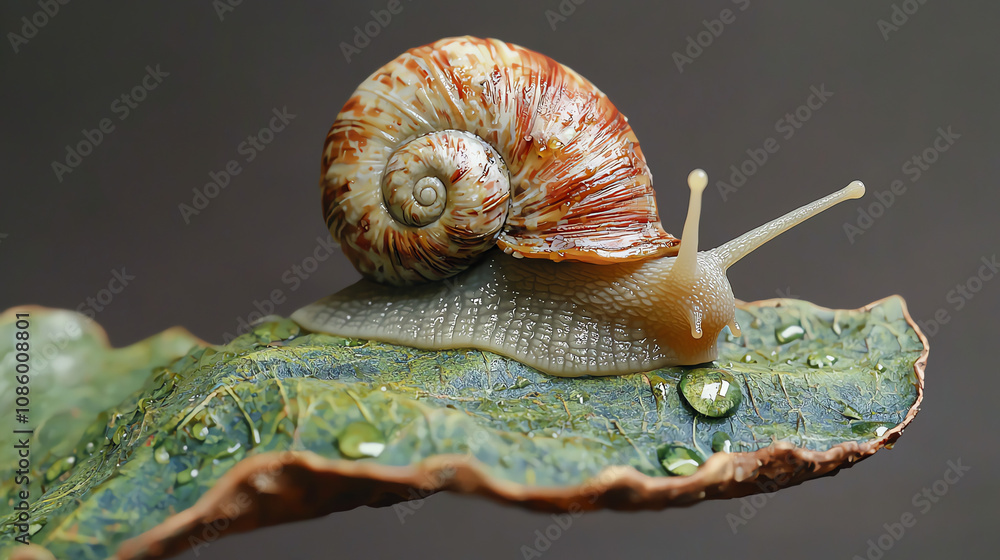 Poster tiny snail exploring a textured green leaf adorned with droplets after a refreshing rain