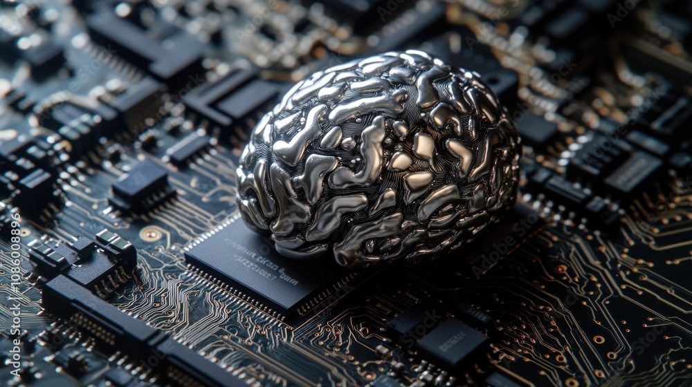 Poster a computer motherboard with a futuristic metal brain component installed
