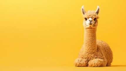 Obraz premium Adorable and Fluffy Alpaca Posing Against a Bright Yellow Background Ideal for Fun and Whimsical Themes in Advertising, Marketing, and Creative Projects