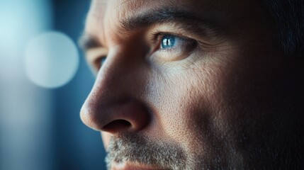 Close up shot of a man's face with blurry background, ideal for use in portraits or character designs