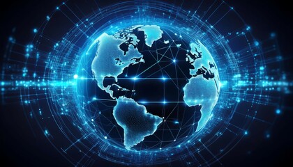 Obraz premium a digital globe forms a network depicting global communication and interconnectedness with bright blue lines