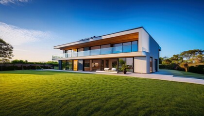 contemporary two story house features expansive glass windows and a lush green lawn set against a vibrant blue sky