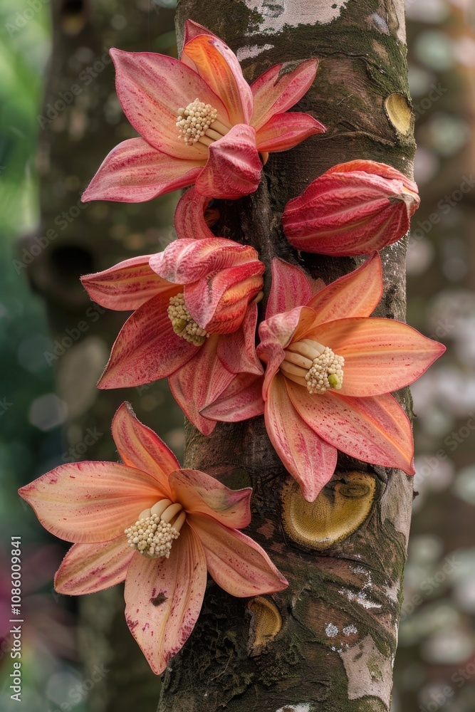 Poster a bouquet of colorful flowers grows on the branch of a tree, perfect for spring and nature-inspired 