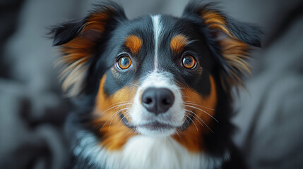 A vibrant close-up portrait of a playful dog, showcasing its unique character and joyous expression in a warm and inviting atmosphere.