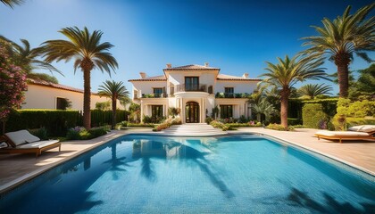 Fototapeta premium an elegant mediterranean style villa surrounded by vibrant gardens tall palm trees and a luxury swimming pool beneath sunny skies