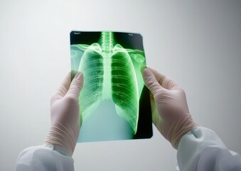 Gloved Hands Holding an X-Ray of the Chest in the Style of Medical Photography with a White Background and Blue Highlights