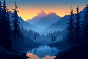 Serene Sunset Over Mountain Lake And Forest