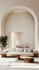 Modern minimalistic living room design featuring a cozy beige sofa, wooden coffee tables, green plant, and large arch opening with soft natural light