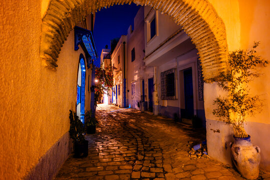 Narrow street of the medina of Bizerte at night, Tunisia.